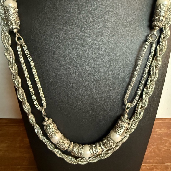 Silver Tone Chain and Faux Pearl layered Necklace with Organic Design - Picture 2 of 15